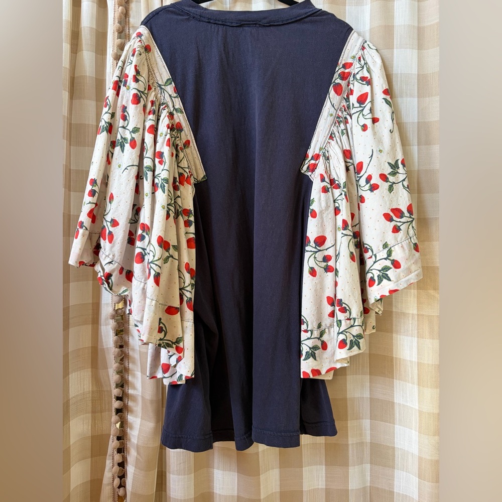 Free People Navy Tunic with Cream Strawberry-Print Puff Sleeves - Picture 3 of 3